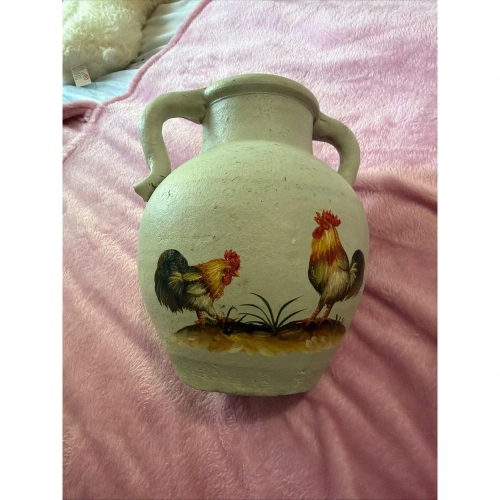 Vintage Hand Painted Rooster Terracotta Vase Double Handle Farmhouse Pottery 9